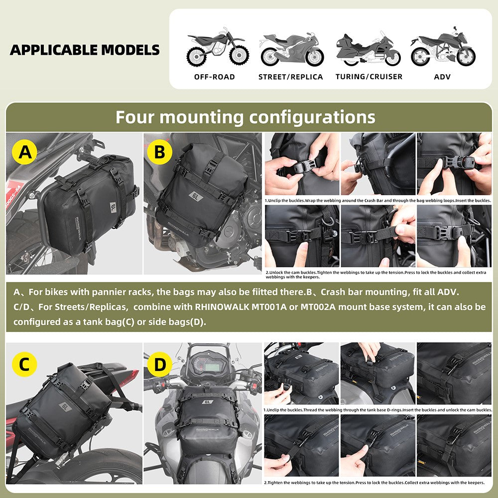 RHINOWALK MT2206 6L Vandtæt Motorcykel Sideopbevaringstaske Motorcykel Sidekofangertaske