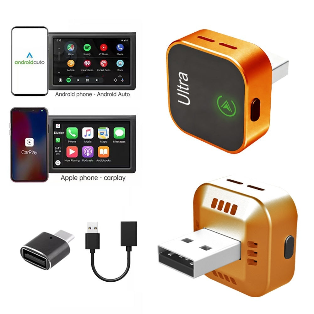 K15 2-i-1 Trådløs CarPlay Boks Android Auto USB Dongle med Adapter og Forlængerkabel
