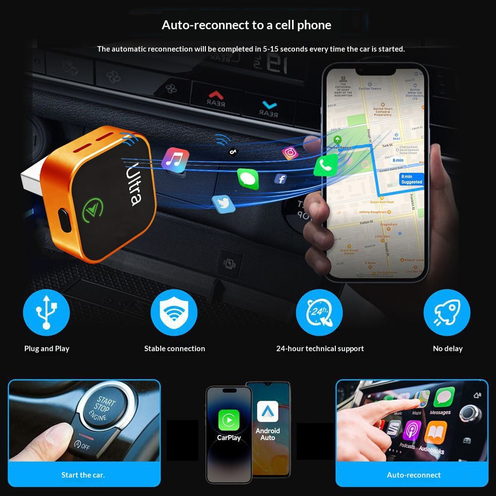 K15 2-i-1 Trådløs CarPlay Boks Android Auto USB Dongle med Adapter og Forlængerkabel