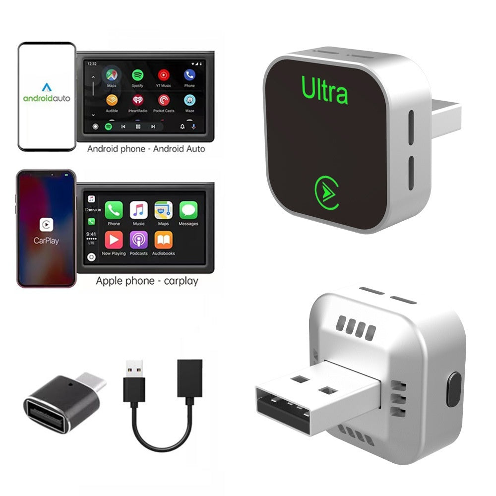 K15 2-i-1 Trådløs CarPlay Boks Android Auto USB Dongle med Adapter og Forlængerkabel