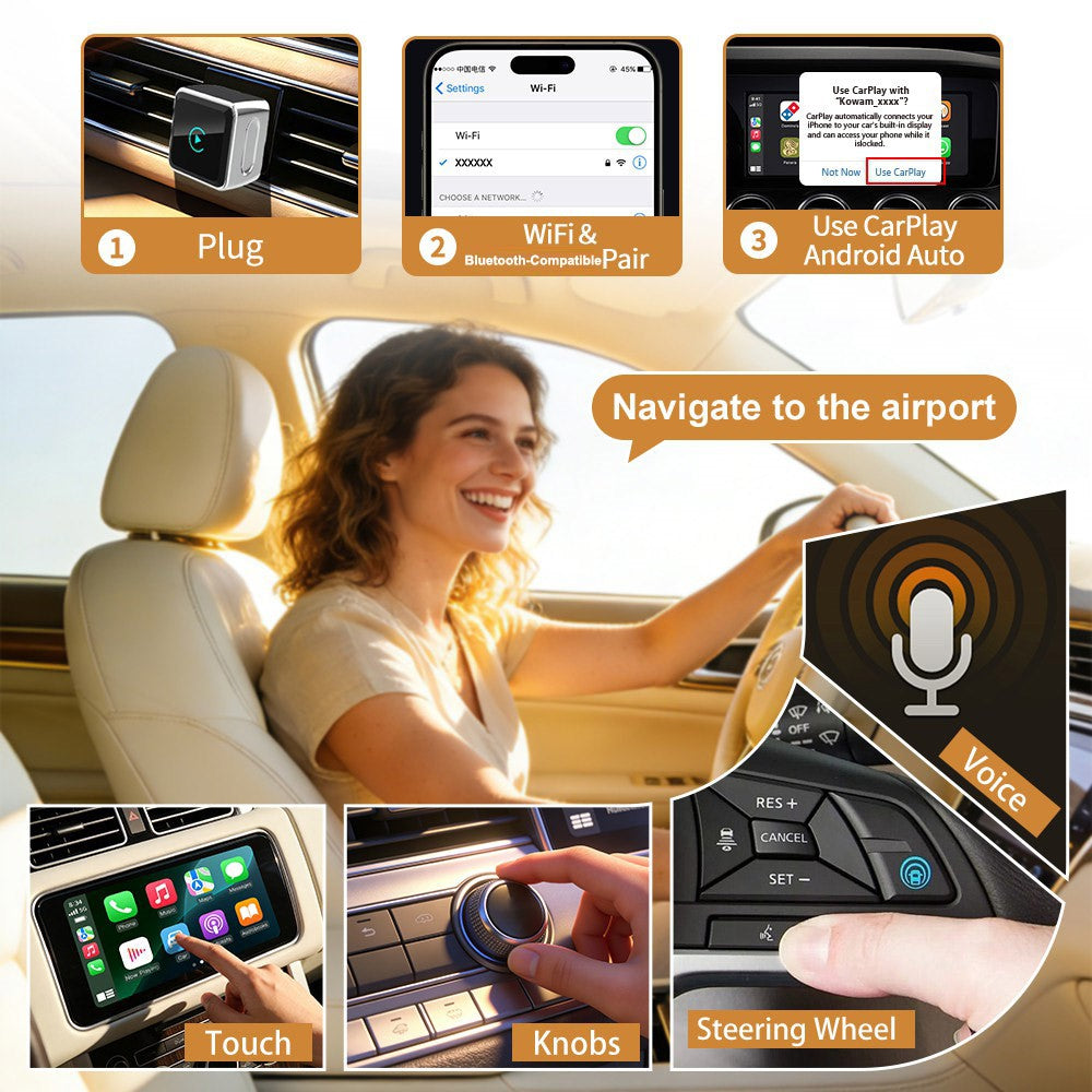 K6 Plus 4 in 1 Wireless CarPlay Adapter USB-A Plug and Play Car Receiver for Wired to Wireless Conversion