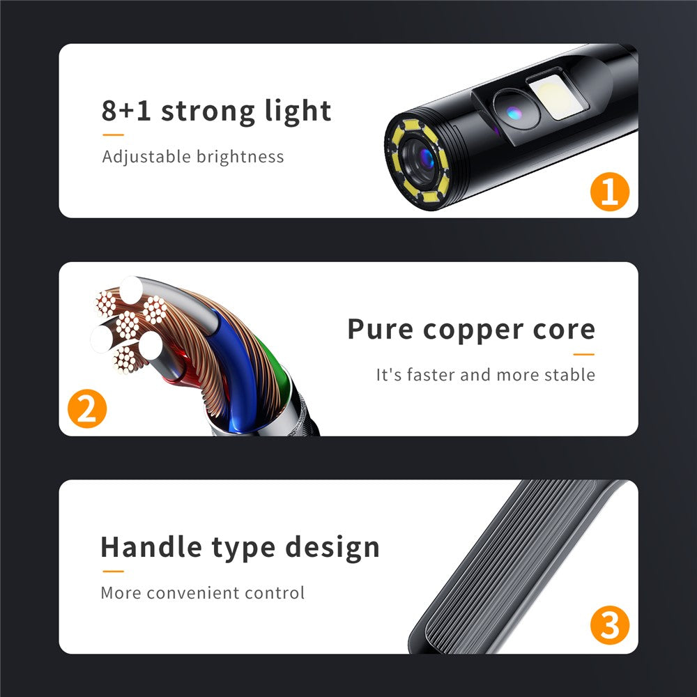 P200 10m Hard Wire 8mm Dual Lens Industrial Endoscope Car Inspection Camera with LED Light