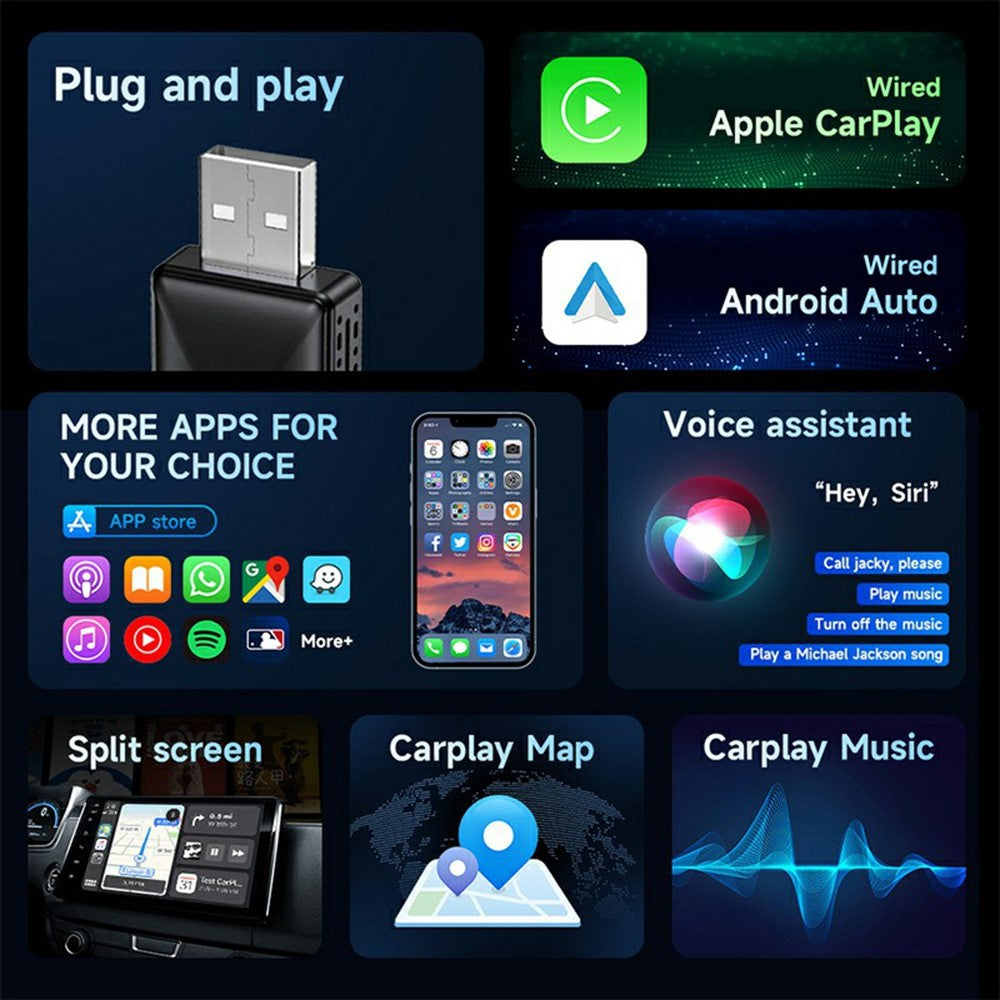 2-in-1 Carplay Android Auto USB Adapter OTA Upgrade Plug and Play Wired to Wireless Dongle Box