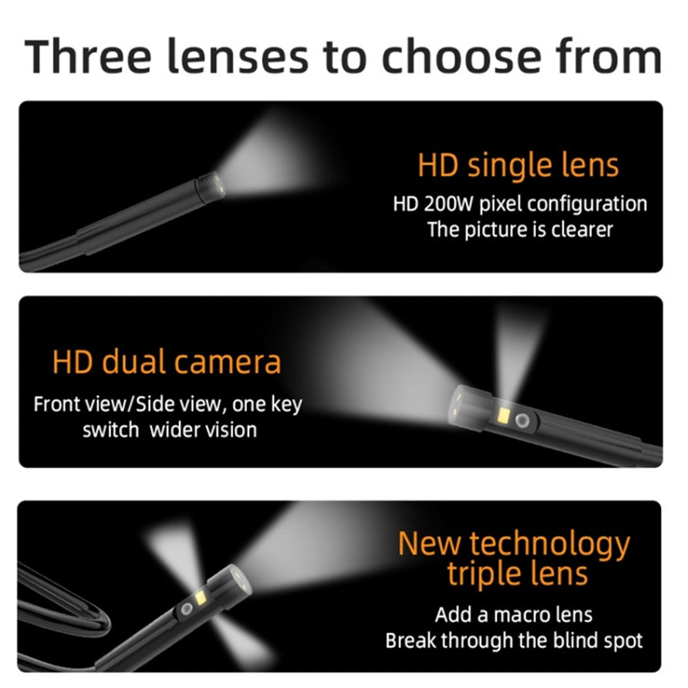 T23 7.9mm Triple Lens Borescope 2m 7 inch IPS Screen 1080P HD Industrial Endoscope IP67 Waterproof Camera