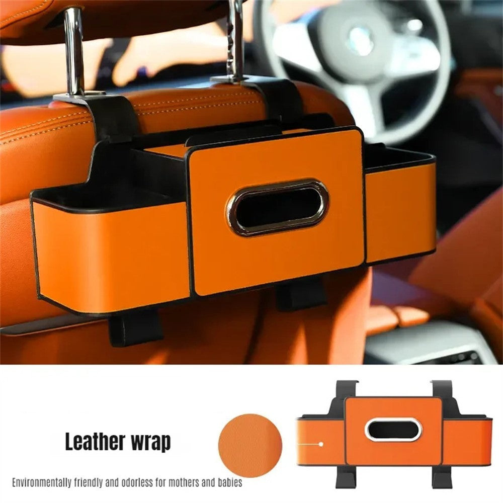 Car Seat Back Multi-Function Storage Organizer Leather+ABS Tissue Box Cup Holder with Hooks