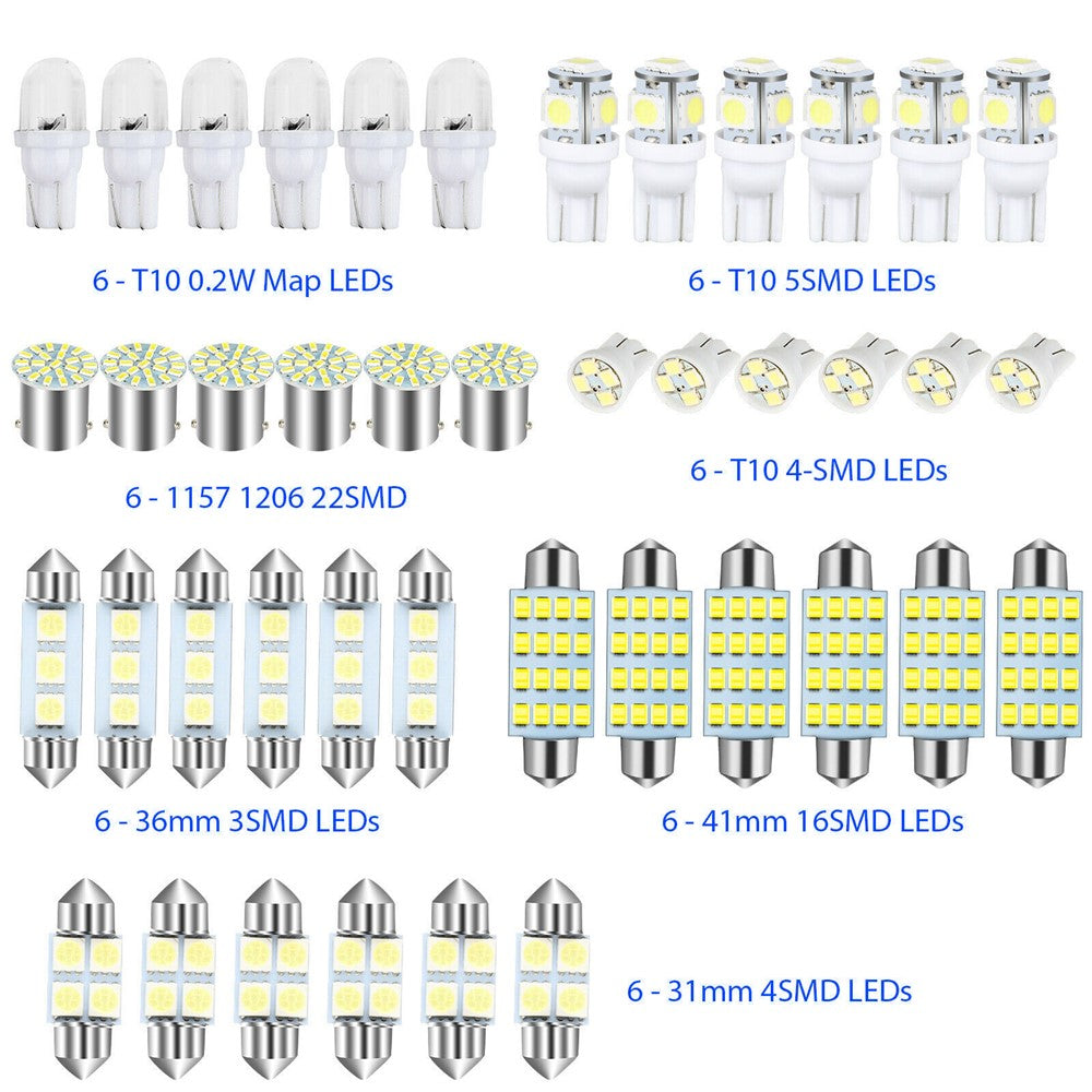 42PCS Car LED Light Kit T10 6000K Xenon White Replacement Bulbs for Interior Exterior