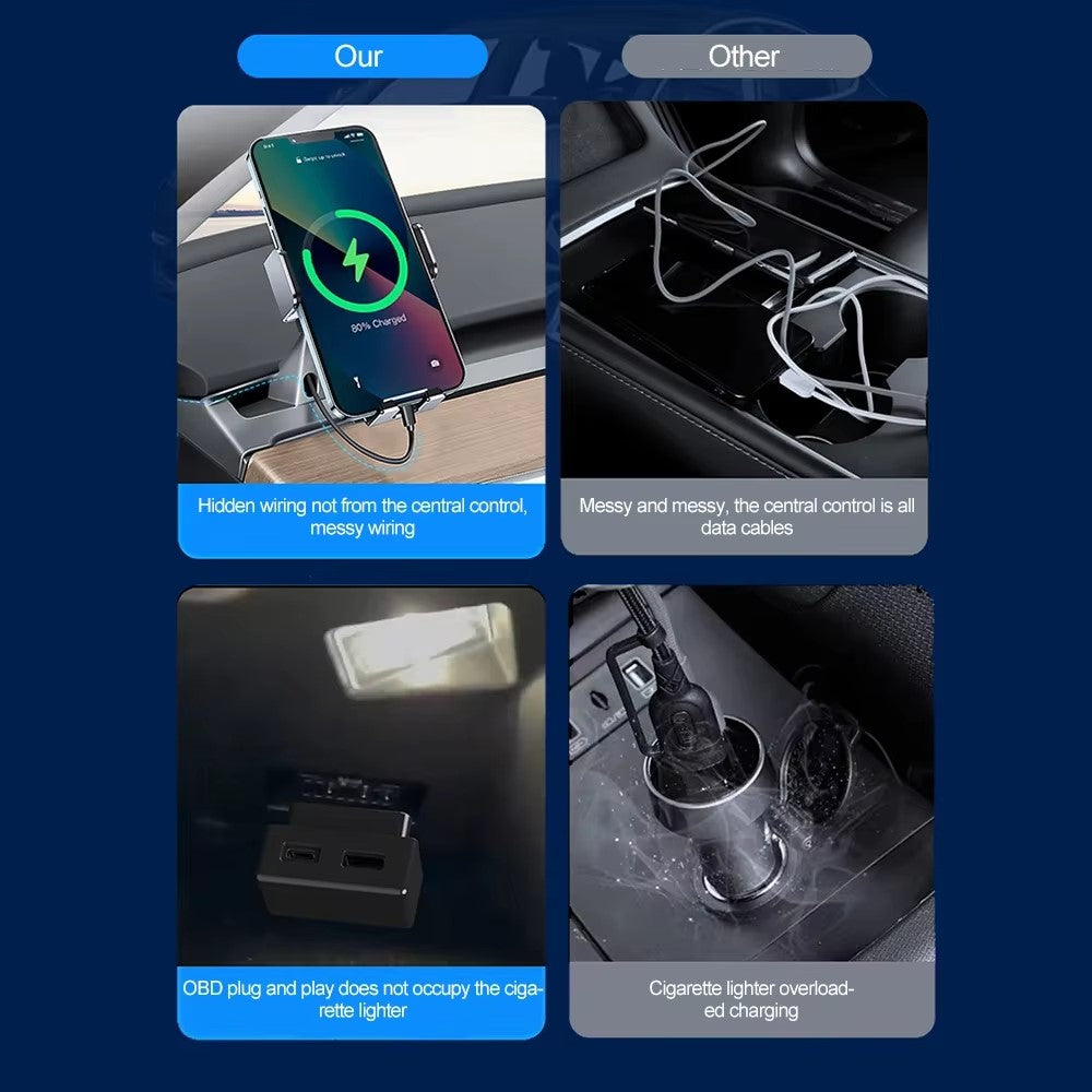 Til Tesla Model 3 / Y OBD Biloplader Dobbeltport Skjult PD Hurtigopladningsudvidelsesdock