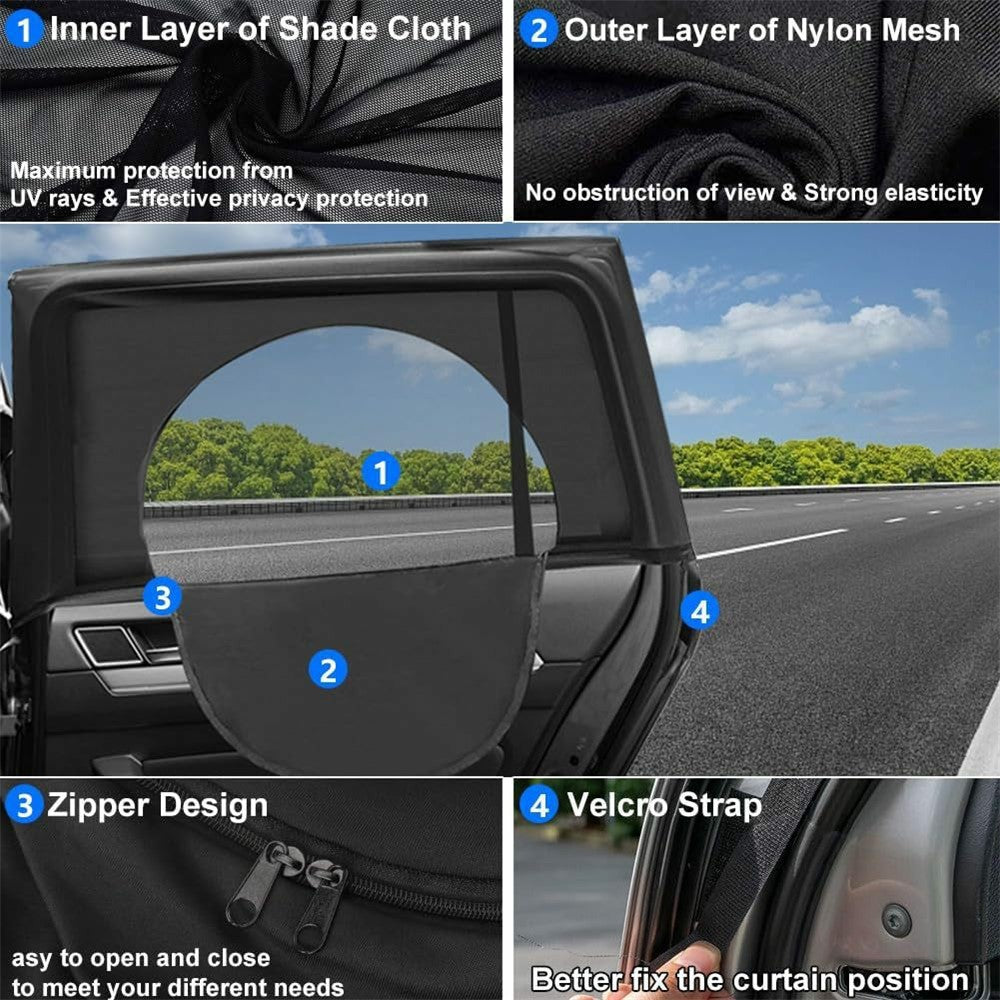 2 Pcs Car Window Shade Front / Rear Side Window Sun Shade Breathable Privacy Curtain with Zipper