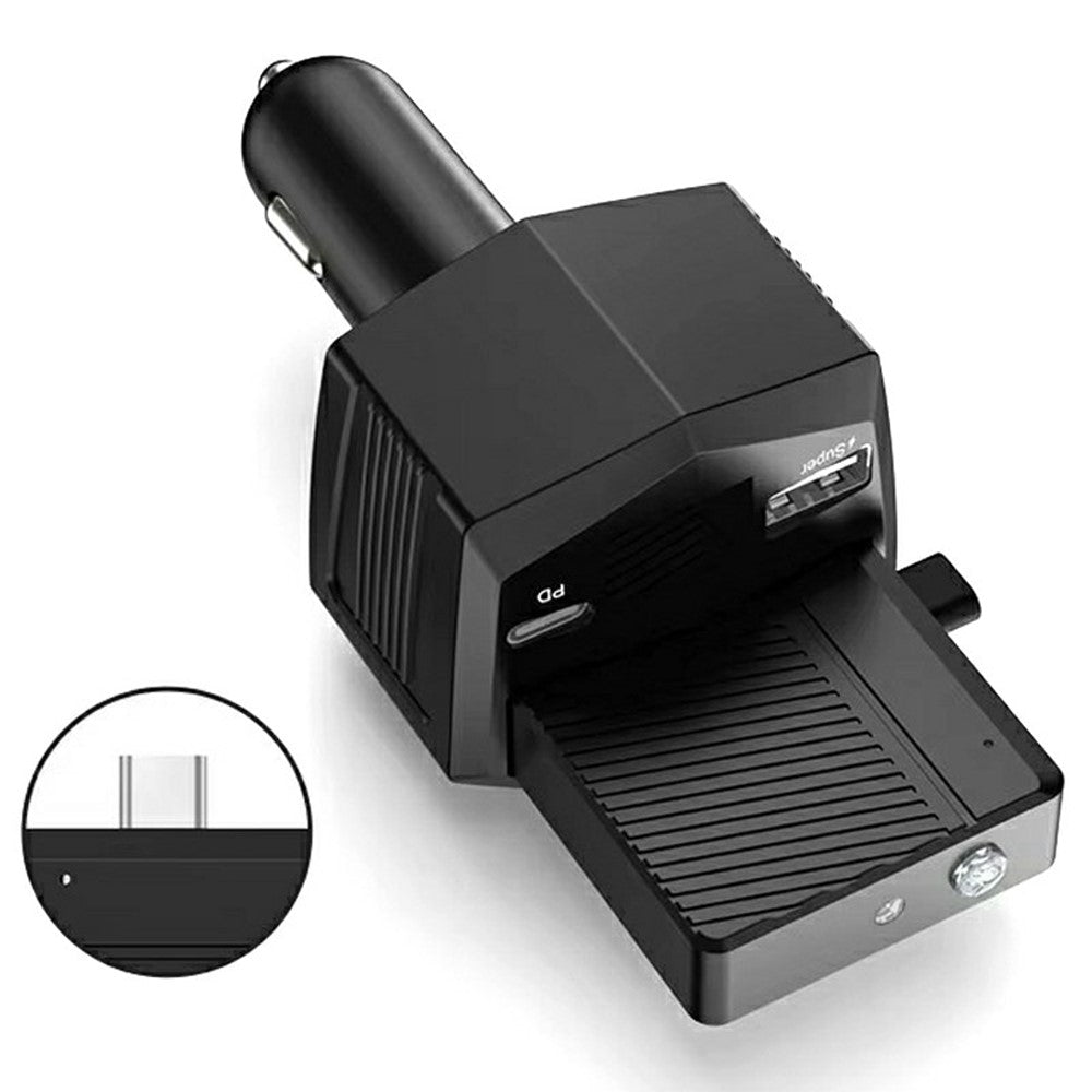 2-i-1 65W Hurtig Opladning Biloplader Bærbar 2000mAh Power Bank med Lommelygte til iOS Android