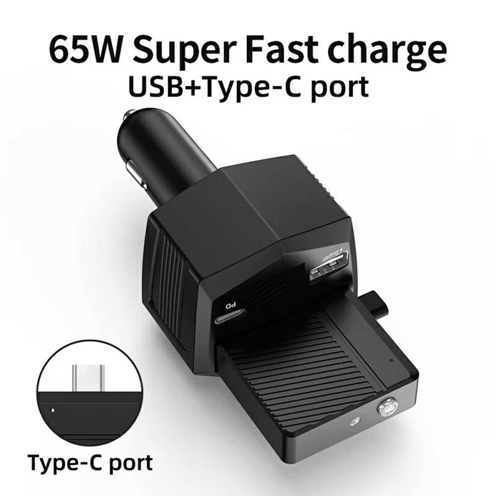 2-i-1 65W Hurtig Opladning Biloplader Bærbar 2000mAh Power Bank med Lommelygte til iOS Android