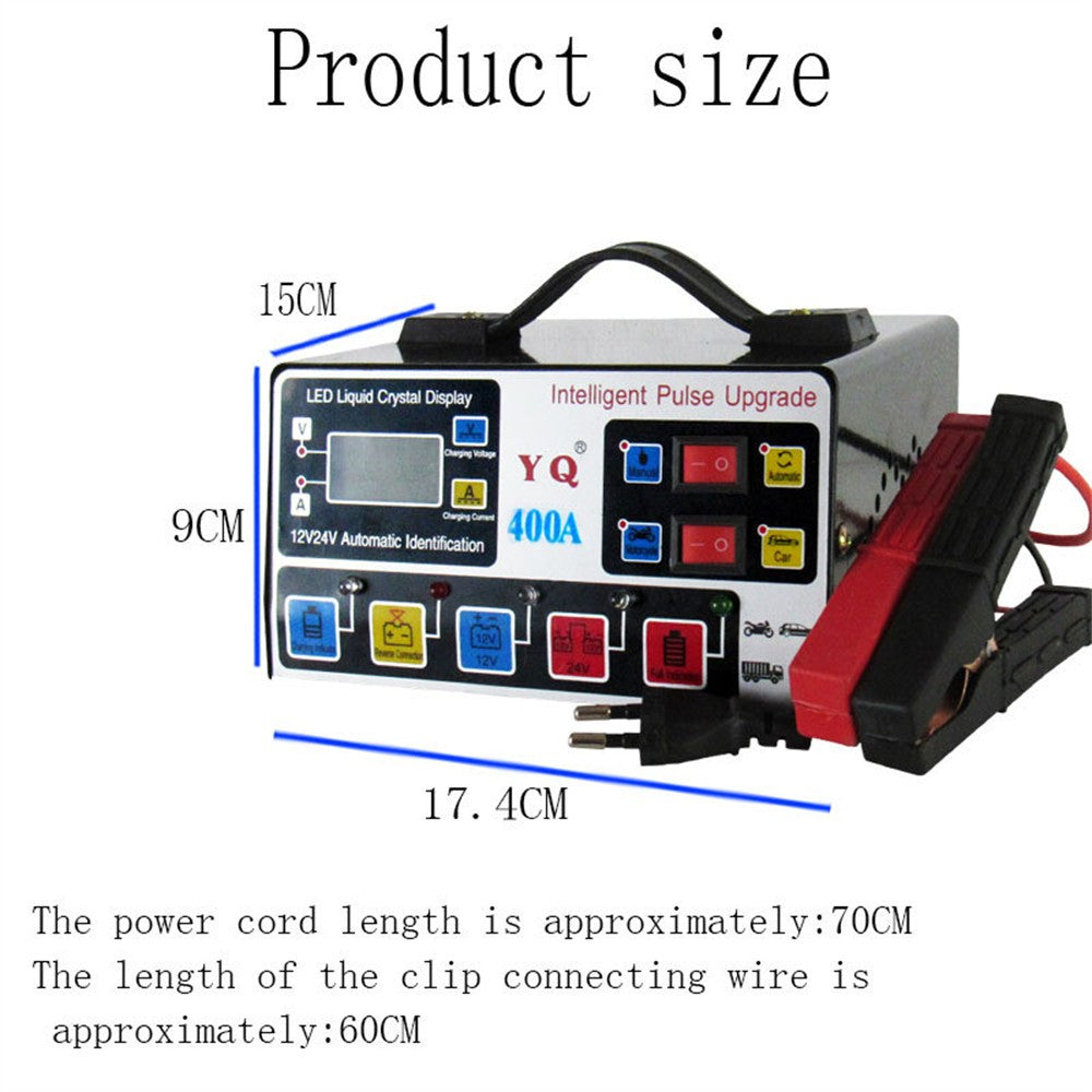 YQ400A 12V / 24V 400A intelligent pulsreparations-motorcykel/bilbatterioplader til blysyre-/lithiumbatterier, EU-stik