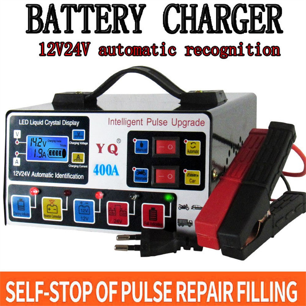 YQ400A 12V / 24V 400A intelligent pulsreparations-motorcykel/bilbatterioplader til blysyre-/lithiumbatterier, EU-stik