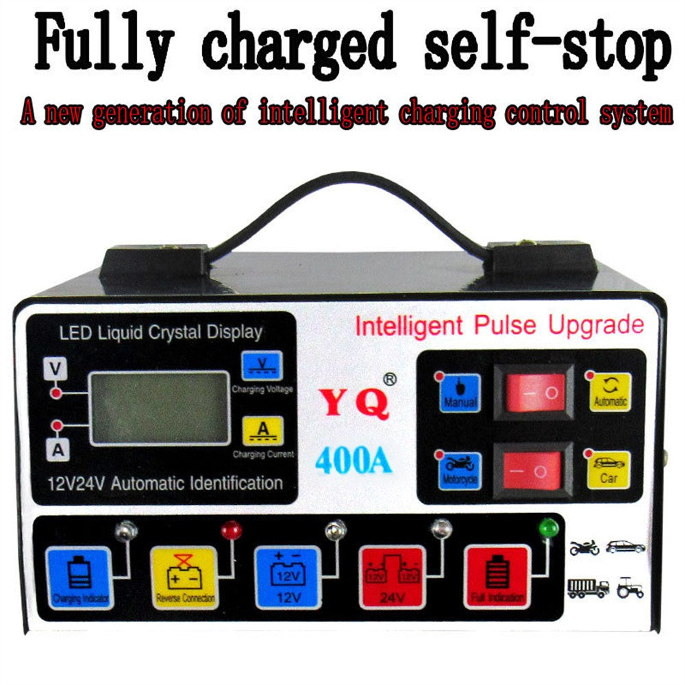YQ400A 12V / 24V 400A intelligent pulsreparations-motorcykel/bilbatterioplader til blysyre-/lithiumbatterier, EU-stik
