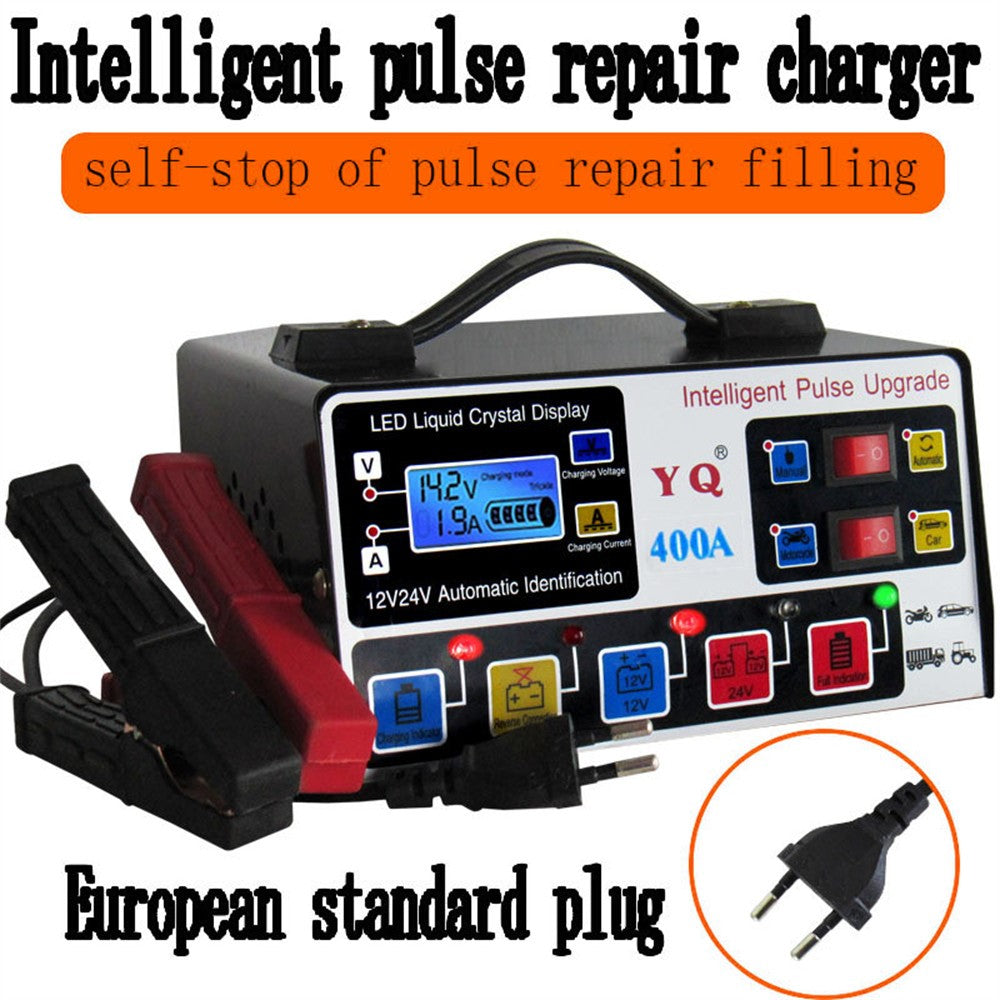 YQ400A 12V / 24V 400A intelligent pulsreparations-motorcykel/bilbatterioplader til blysyre-/lithiumbatterier, EU-stik
