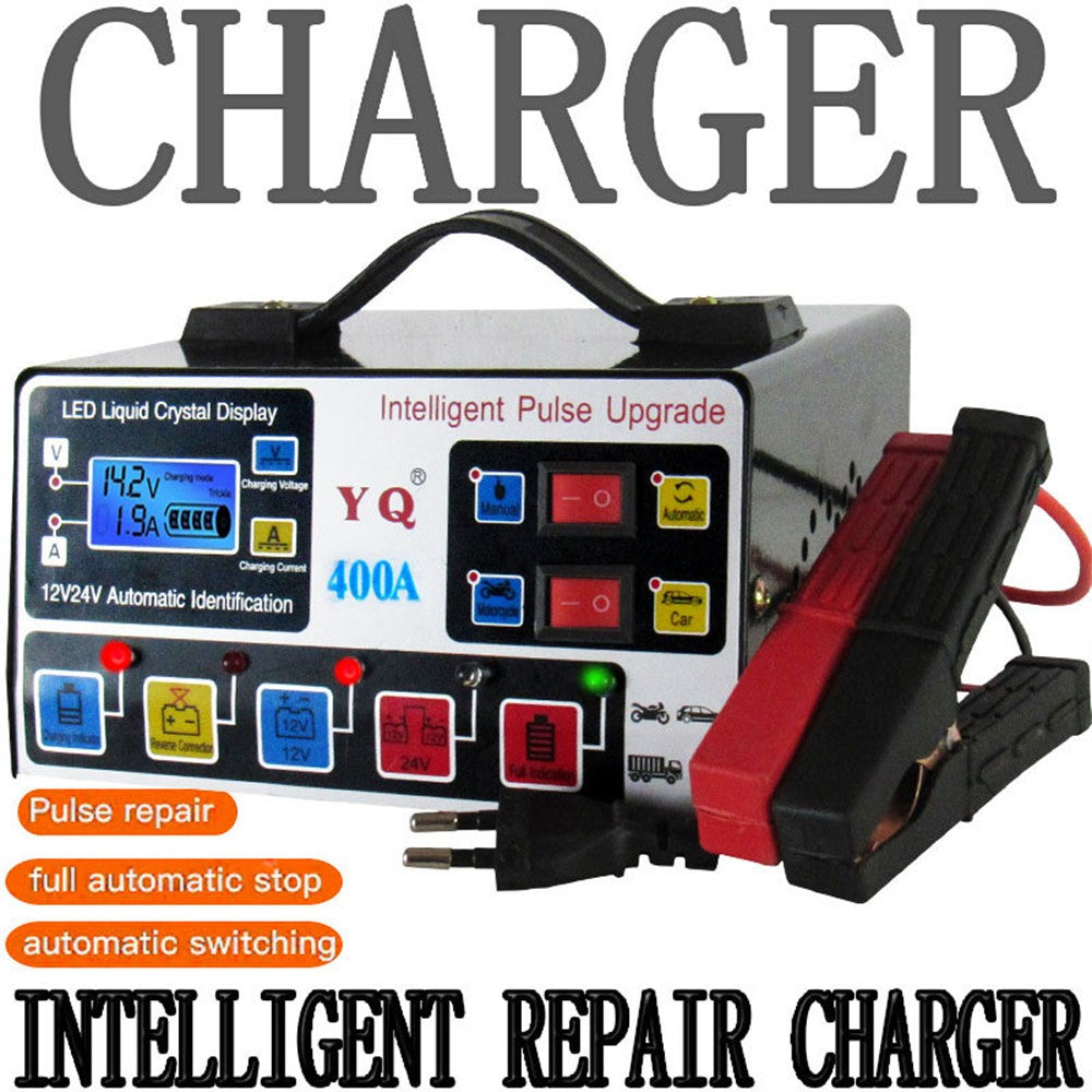 YQ400A 12V / 24V 400A intelligent pulsreparations-motorcykel/bilbatterioplader til blysyre-/lithiumbatterier, EU-stik