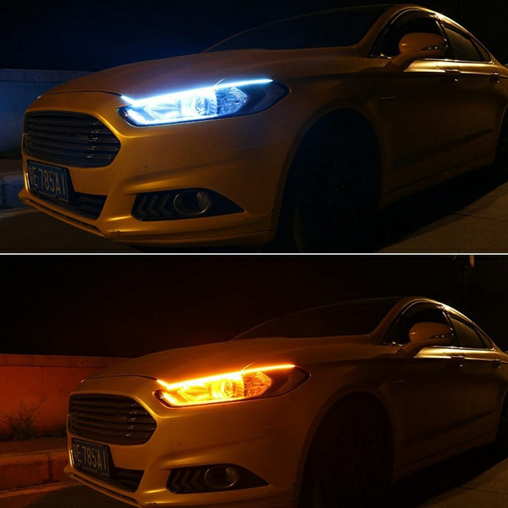 2Pcs 60cm Car LED Atmosphere Light Strip Flexible Silicone Daytime Running Light Ice Blue Turn Yellow
