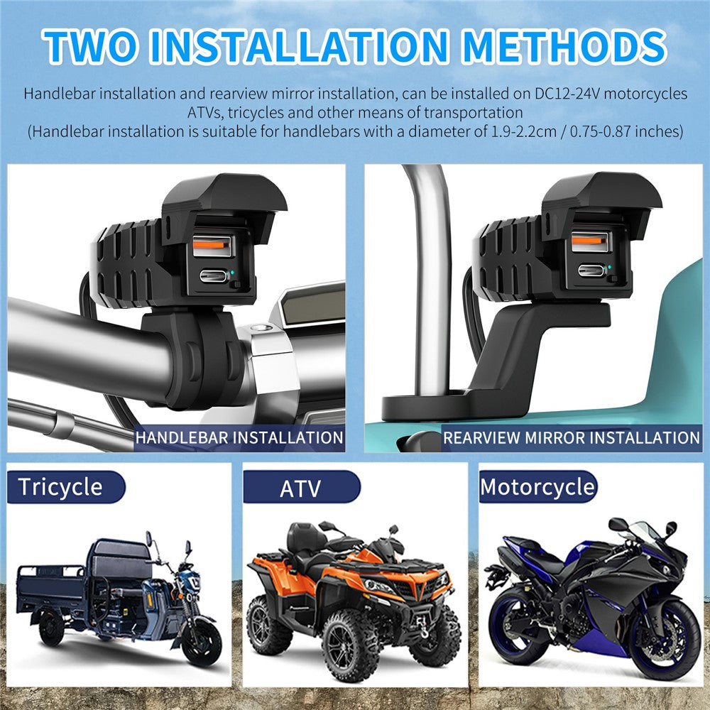 WUPP CS-2100A1 USB A + Type C Dual Port Fast Charging Motorcycle Phone Charger with LED Voltmeter