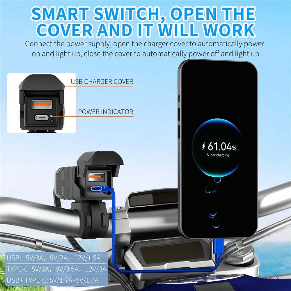 WUPP CS-2100A1 USB A + Type C Dual Port Fast Charging Motorcycle Phone Charger with LED Voltmeter