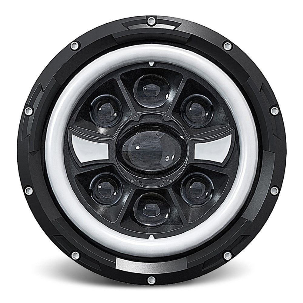 R9 Dubbel Angel Eye 7-tums H4 LED-strålkastare IP67 Vattentät Helljus Halvljus Billampa med Anslutningskabel