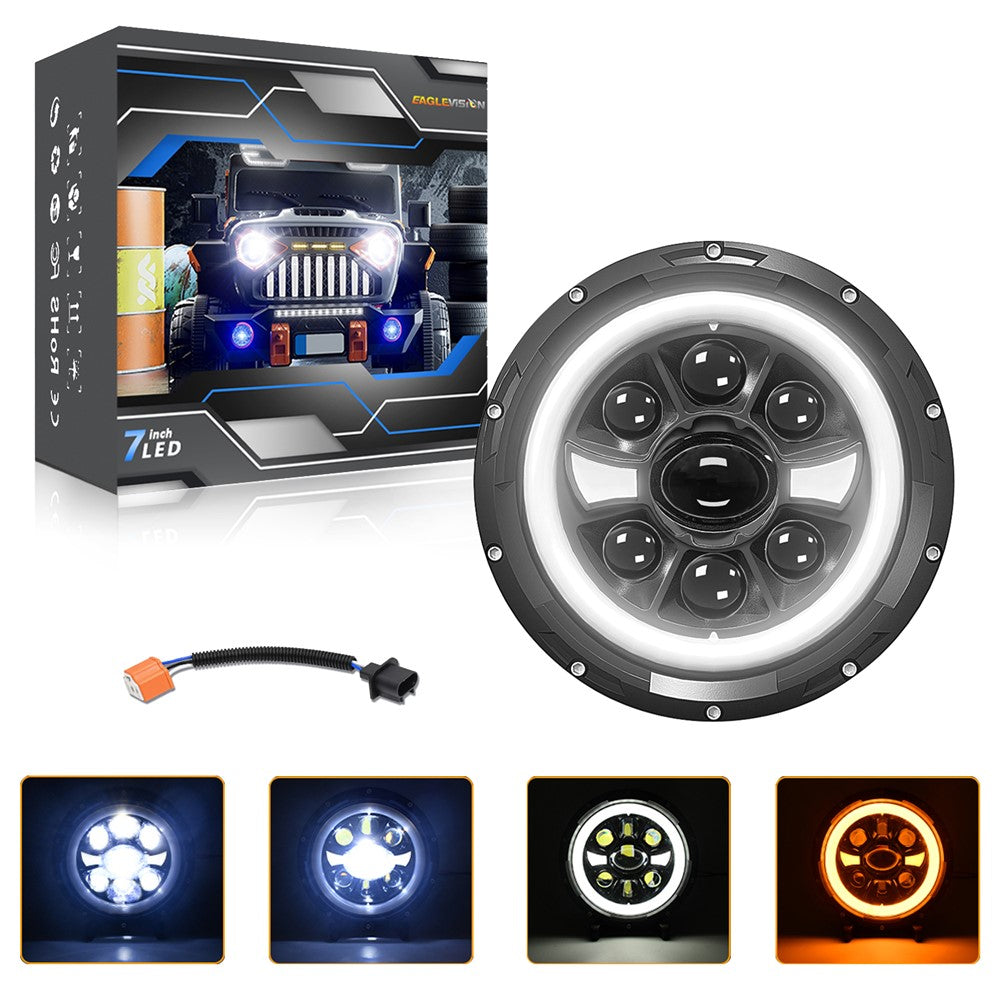 R9 Dubbel Angel Eye 7-tums H4 LED-strålkastare IP67 Vattentät Helljus Halvljus Billampa med Anslutningskabel