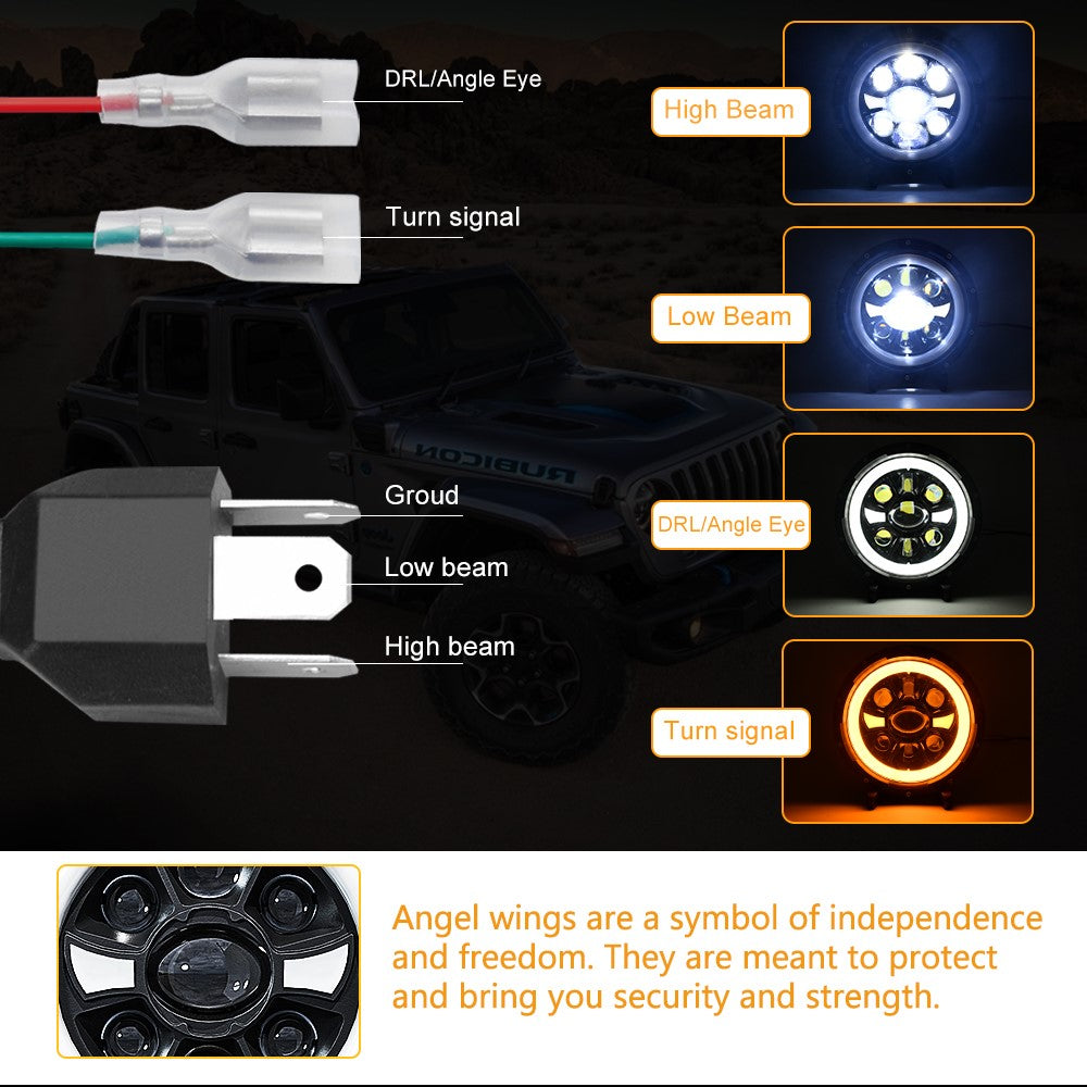 R9 Dubbel Angel Eye 7-tums H4 LED-strålkastare IP67 Vattentät Helljus Halvljus Billampa med Anslutningskabel