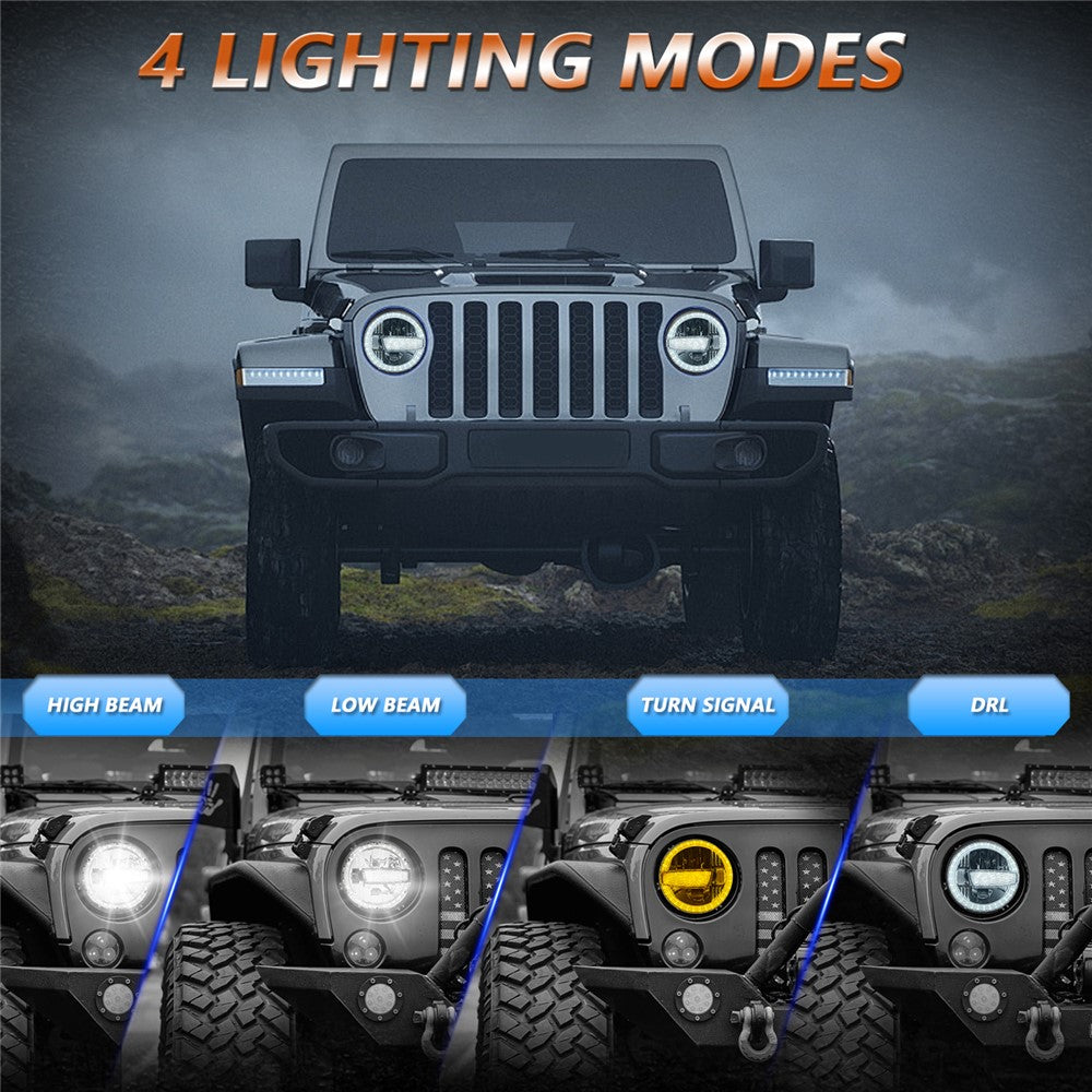 2Pcs High Low Beam LED Headlights IP67 Waterproof Off Road Vehicle Front DRL Turn Signal Lamp