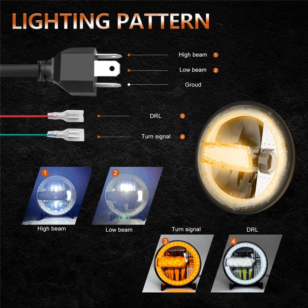 2Pcs High Low Beam LED Headlights IP67 Waterproof Off Road Vehicle Front DRL Turn Signal Lamp