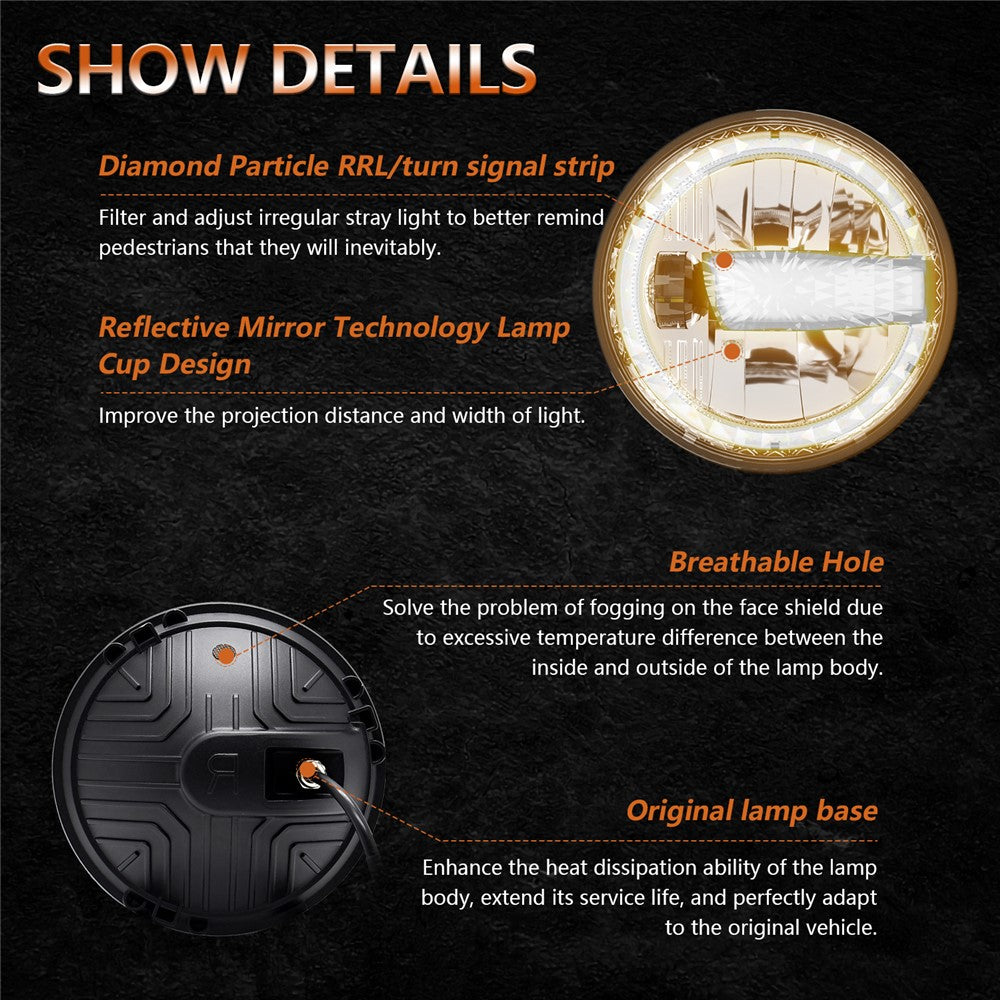 2Pcs High Low Beam LED Headlights IP67 Waterproof Off Road Vehicle Front DRL Turn Signal Lamp