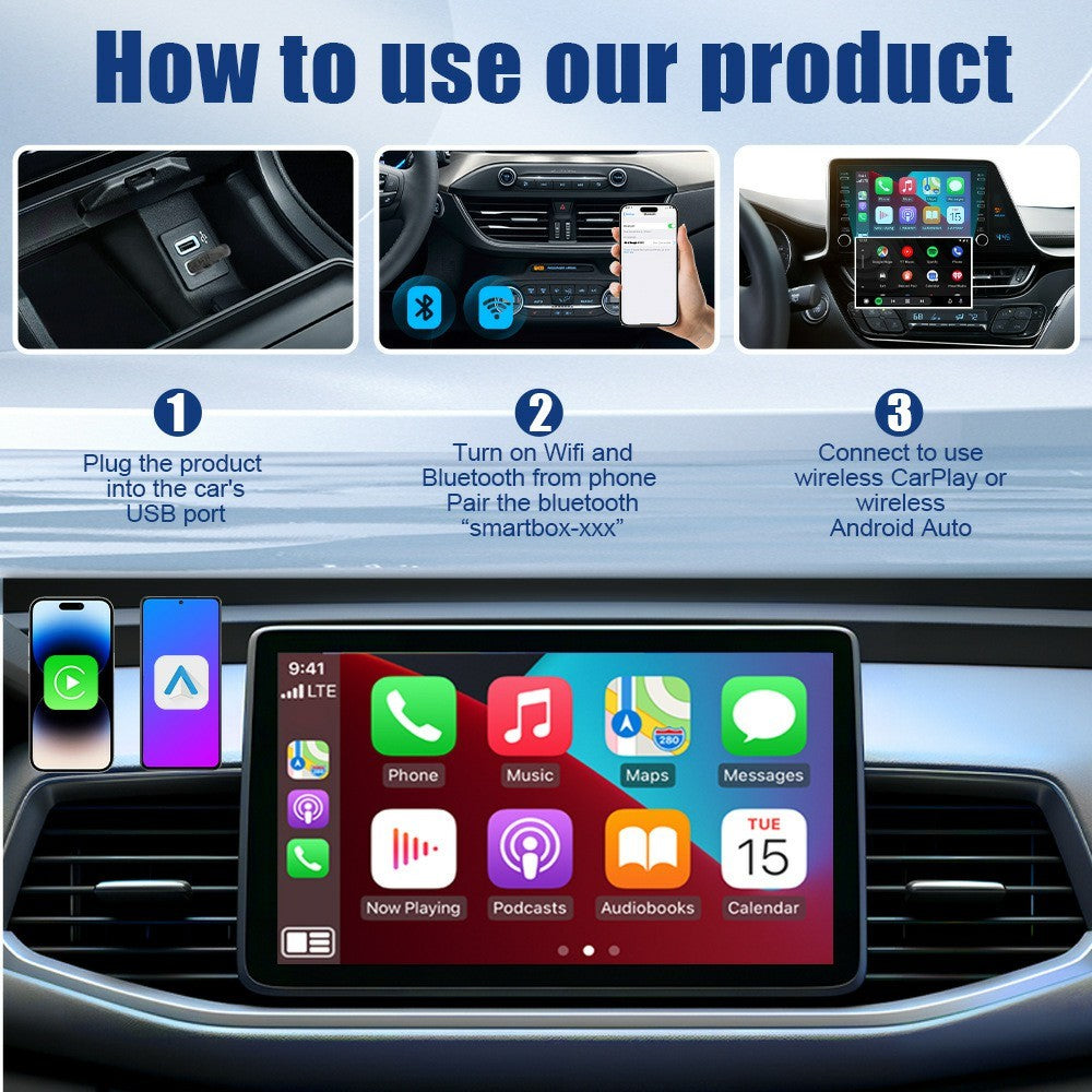 Wireless CarPlay Android Auto 2-in-1 Adapter for Car Navigation USB Dongle