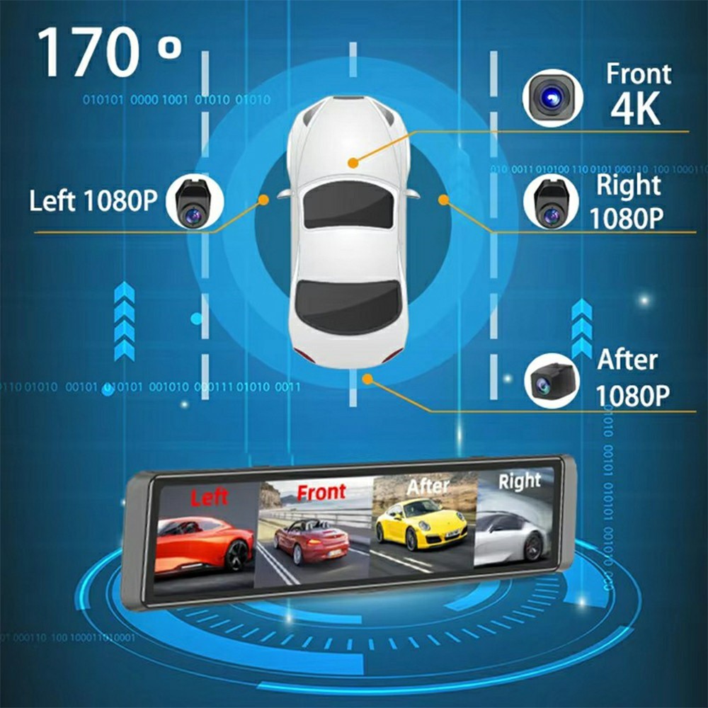 ADAS 12 Inch Full Screen Rearview Mirror Dash Cam 4 Channels 4K Ultra HD 360 Degree Blind Spot Warning BSD for Car