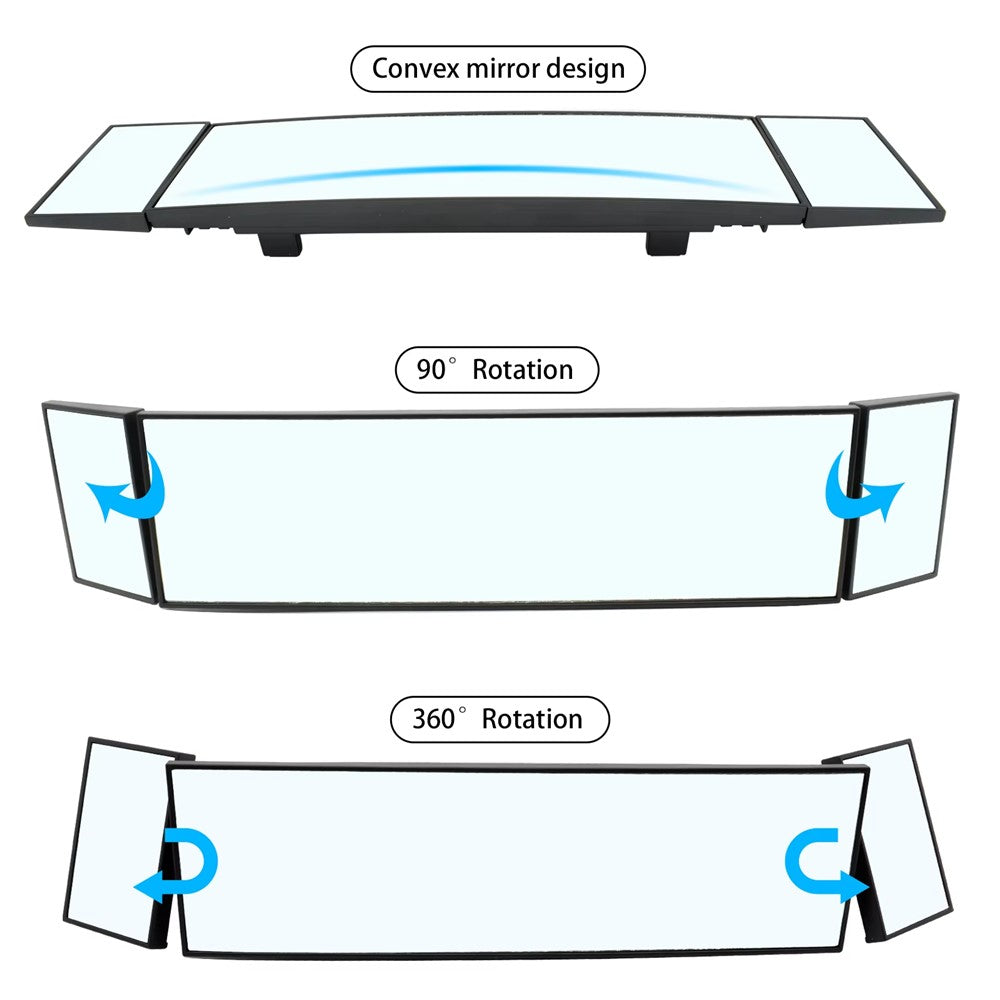 SD-2411 High Definition Glass Universal Tri-Fold Car Rearview Mirror Wide Angle Curved Mirror