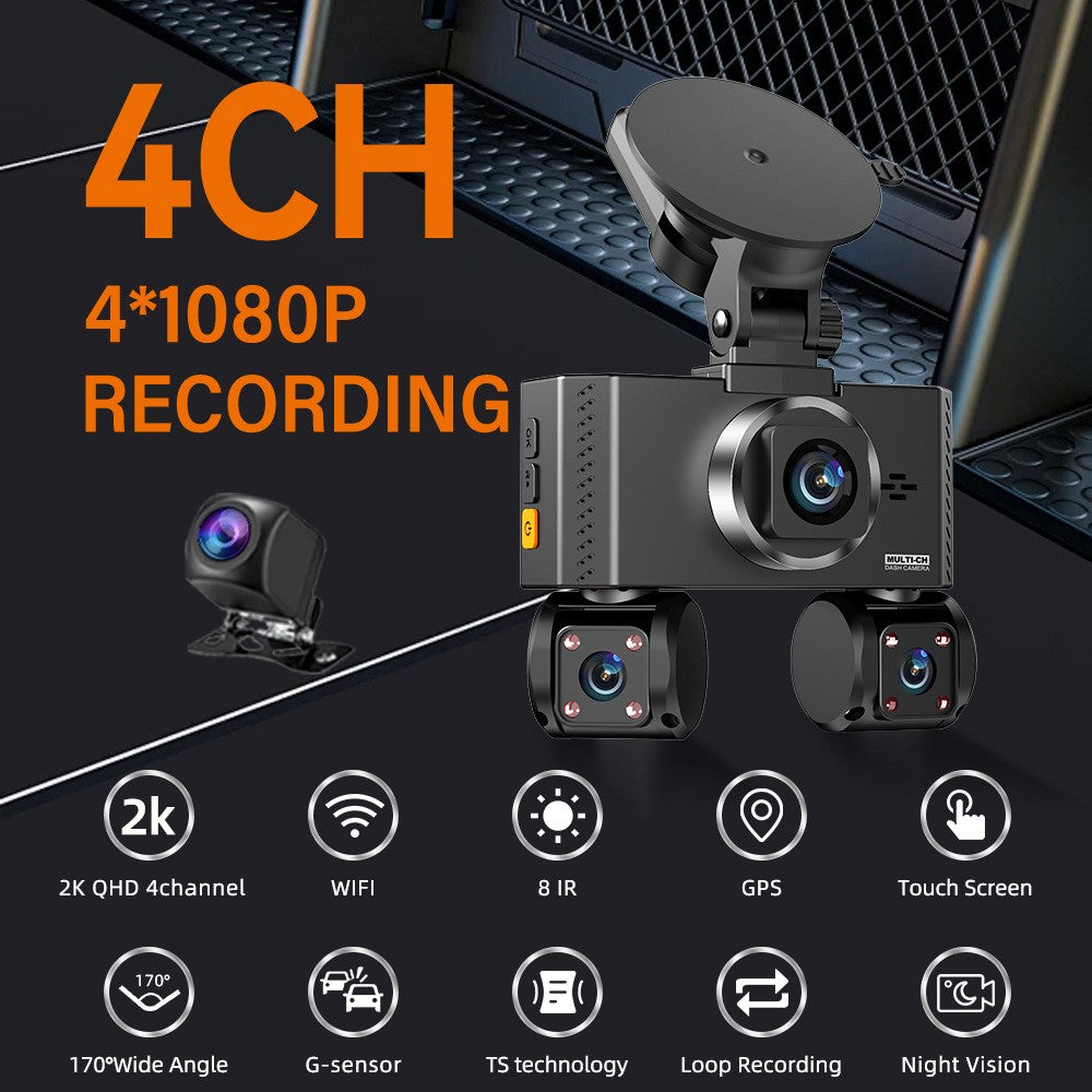 W3 WiFi 4 Channel Dash Cam 2K Night Vision Quad Lens Car DVR Vehicle Driving Recorder with GPS Module