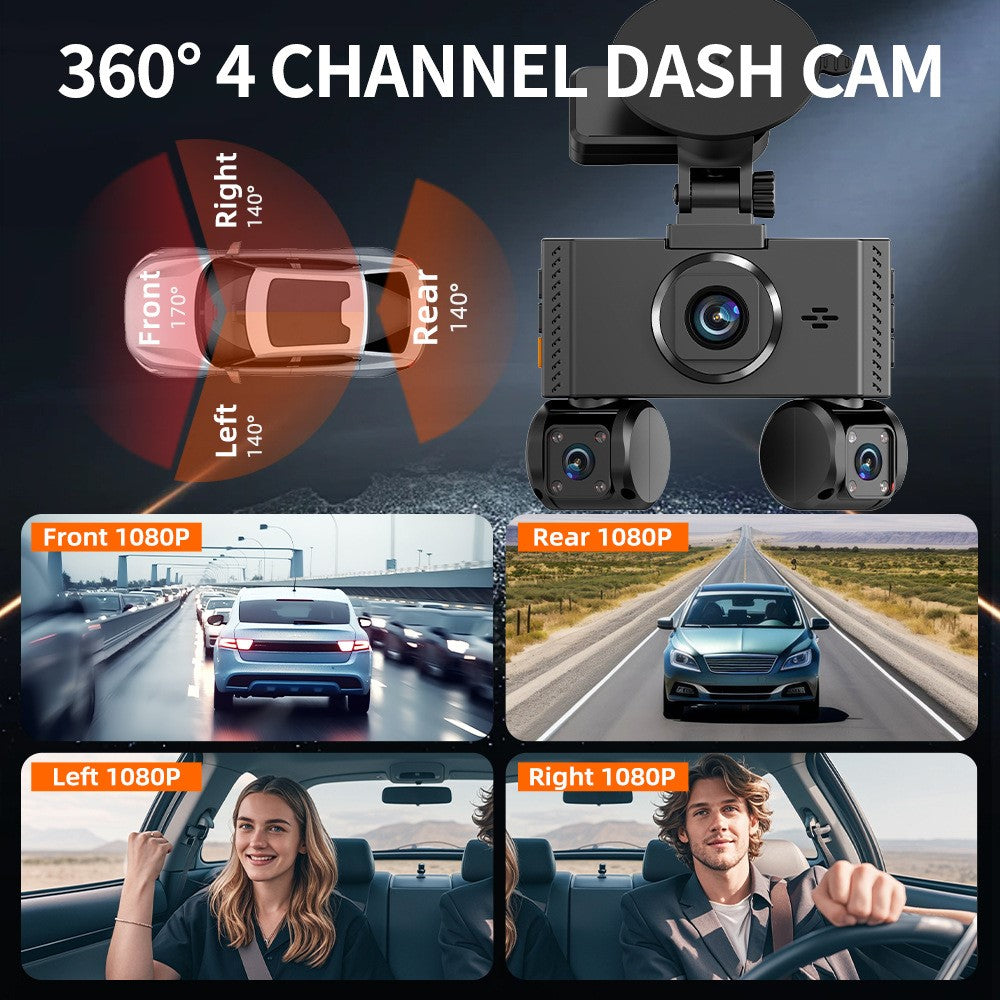 W3 WiFi 4 Channel Dash Cam 2K Night Vision Quad Lens Car DVR Vehicle Driving Recorder with GPS Module