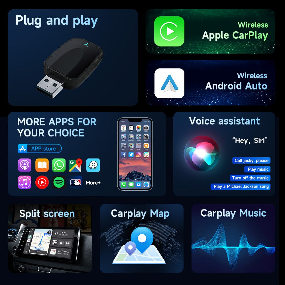 AB051E 2-in-1 CarPlay Android Auto Wireless Adapter Bluetooth-Compatible WiFi Connection USB Dongle