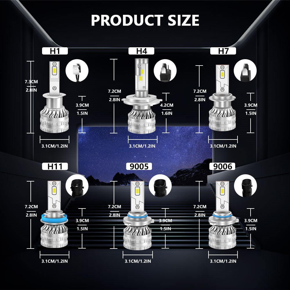 K9S 1 Pair H7 LED Headlight Bulbs 6000K IP68 Waterproof Aluminum Alloy Car Headlamps