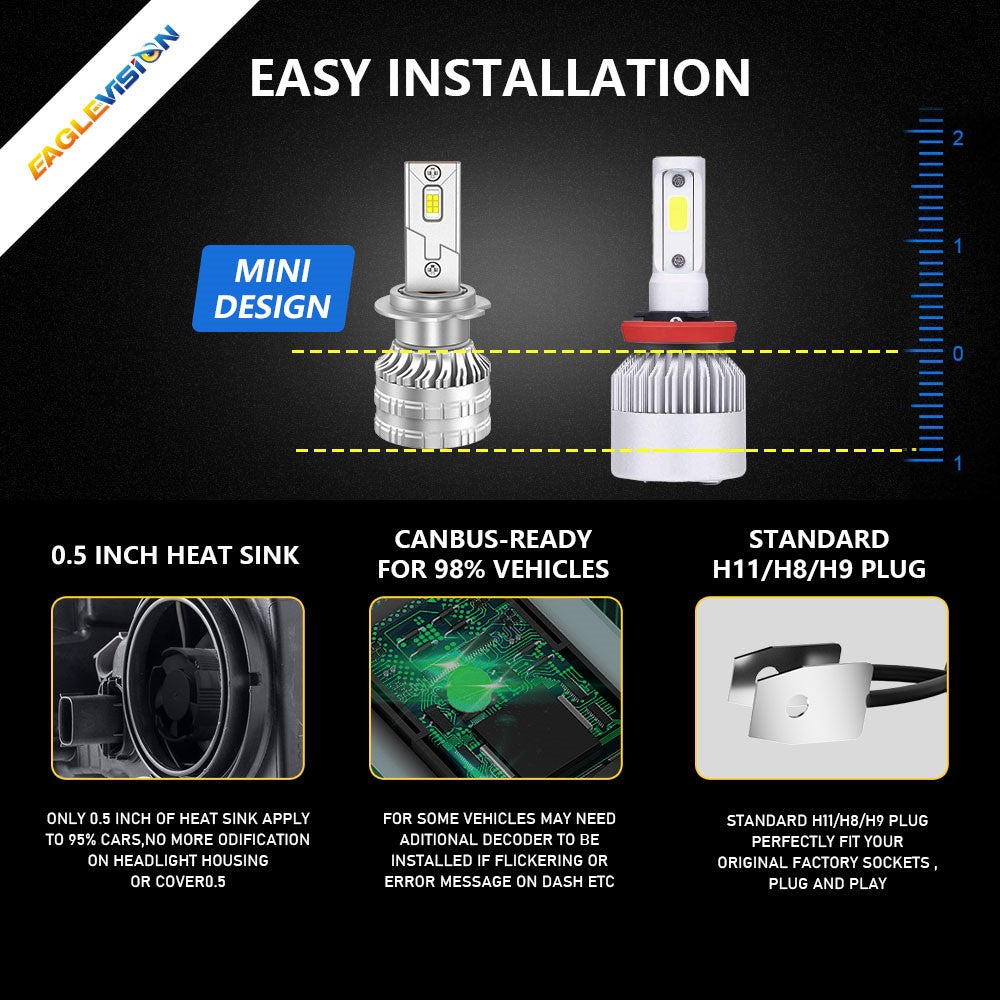 K9S 1 Pair H7 LED Headlight Bulbs 6000K IP68 Waterproof Aluminum Alloy Car Headlamps