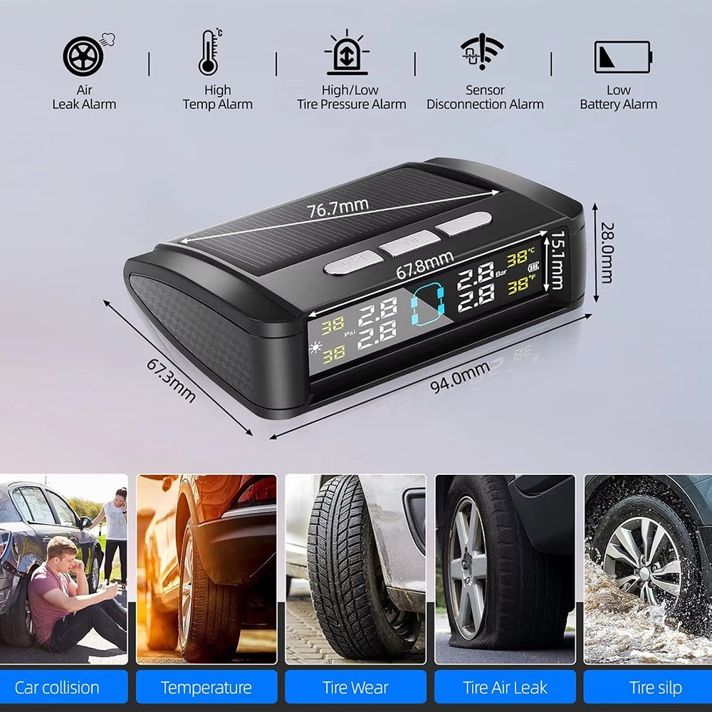 T11 Stemmeversion Solar / USB Dobbelt Strøm Realtidsvisning TPMS Dæktryksovervågningssystem med 4 Eksterne Sensorer