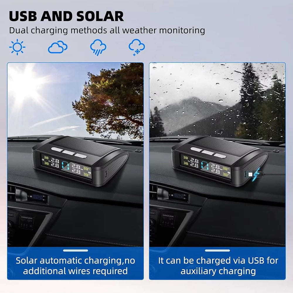 T11 Beep Version Solar  /  USB Dual Power Real Time Display TPMS Tire Pressure Monitoring System with 4 External Sensor