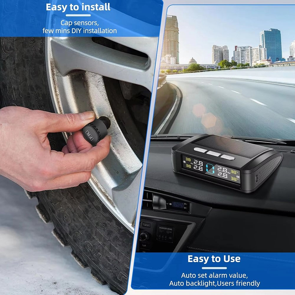 T11 Beep Version Solar  /  USB Dual Power Real Time Display TPMS Tire Pressure Monitoring System with 4 External Sensor