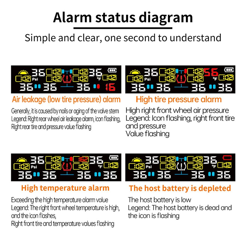 T11 Solarcelledrevet TPMS Dæktryksmåler Understøtter 144 PSI Dæktemperaturalarm System med 6 Eksterne Sensorer