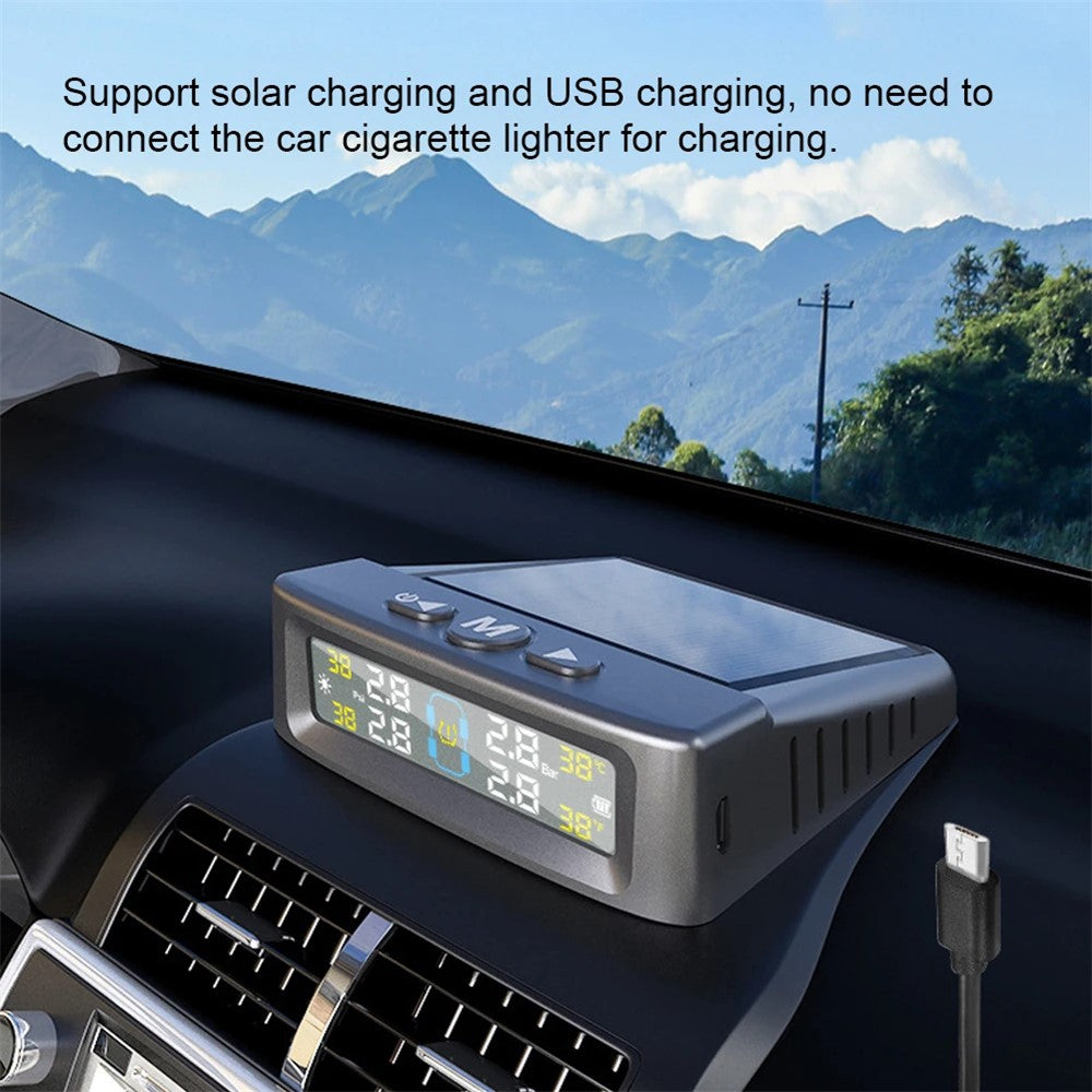 T12 TPMS Tire Pressure Monitoring System for Cars Real Time Display Solar  /  USB Charging with 4 External Sensors