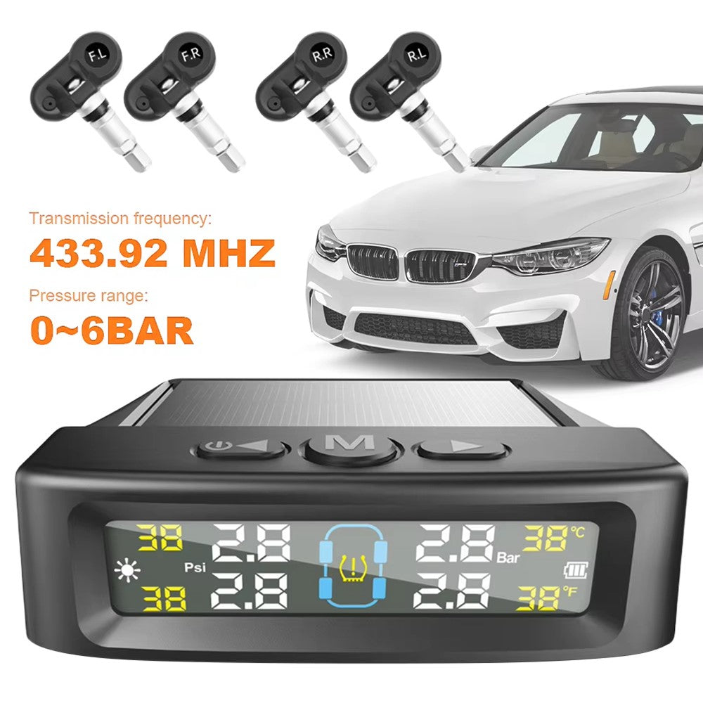 T12 TPMS däcktrycksövervakningssystem för bilar realtidsvisning solcells-/USB-laddning med 4 interna sensorer