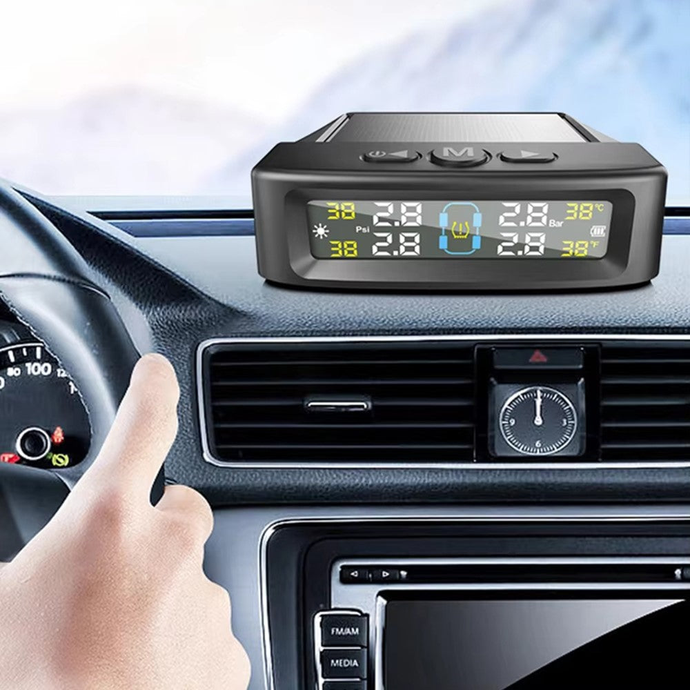 T12 TPMS däcktrycksövervakningssystem för bilar realtidsvisning solcells-/USB-laddning med 4 interna sensorer