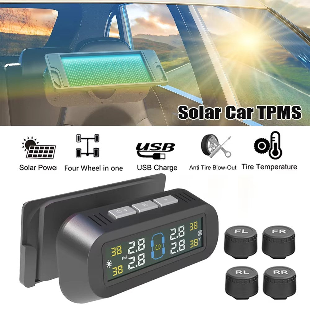 T13 Bil TPMS Realtidsdisplay Sol / USB-opladning Dæktrykovervågningssystem med 4 eksterne sensorer