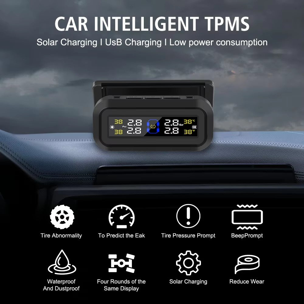 T13 Bil TPMS Realtidsdisplay Sol / USB-opladning Dæktrykovervågningssystem med 4 eksterne sensorer
