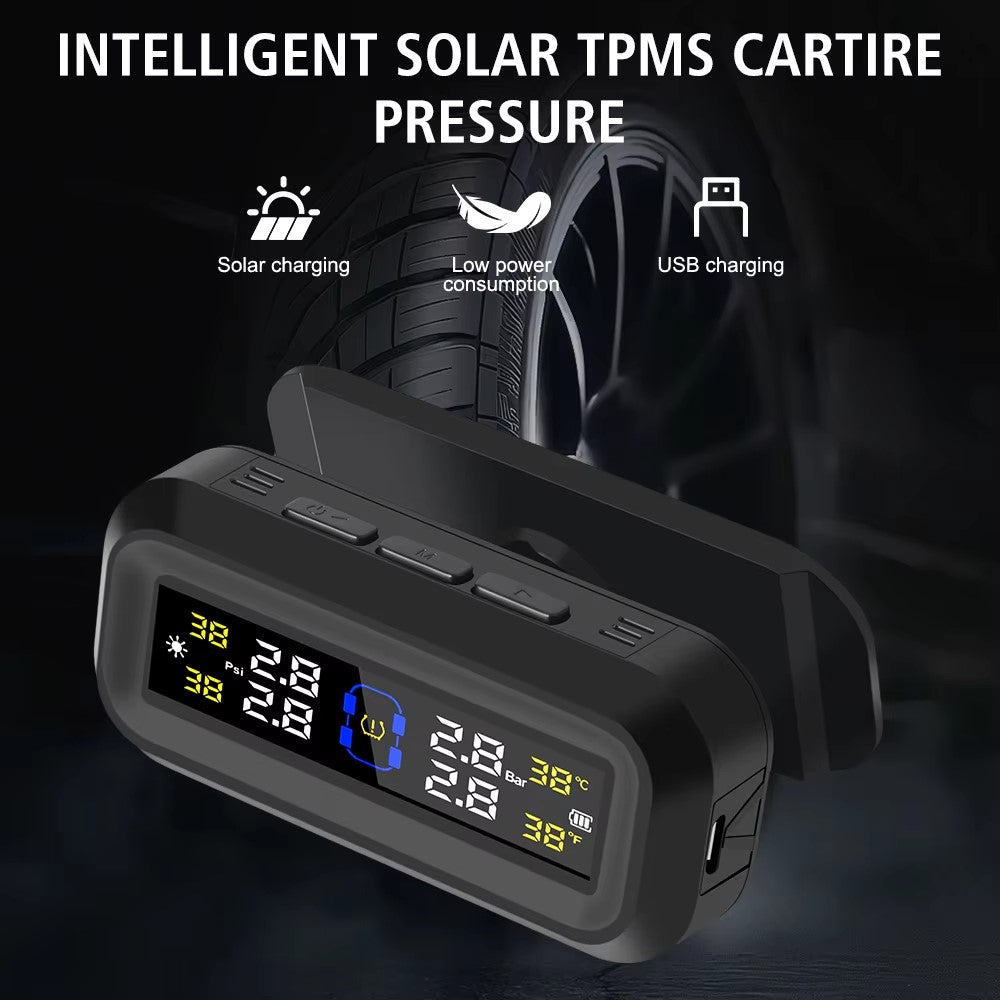 T13 Bil TPMS Realtidsdisplay Sol / USB-opladning Dæktrykovervågningssystem med 4 eksterne sensorer