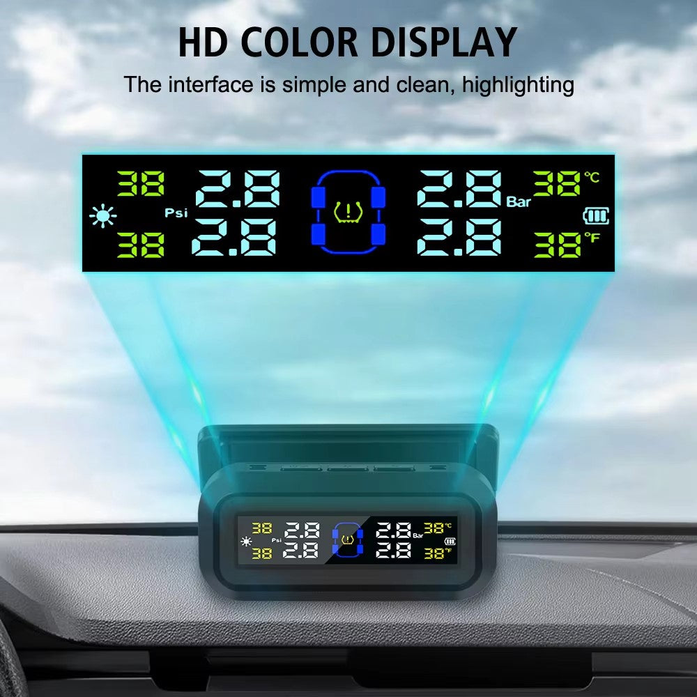 T13 Bil TPMS Realtidsdisplay Sol / USB-opladning Dæktrykovervågningssystem med 4 eksterne sensorer