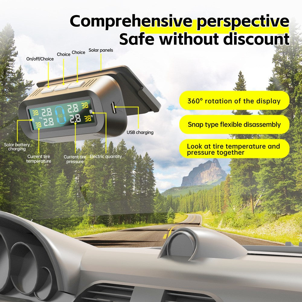 T13 Bil TPMS Realtidsdisplay Sol / USB-opladning Dæktrykovervågningssystem med 4 eksterne sensorer