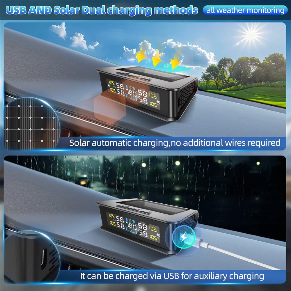 T15 Solar TPMS Car Tire Pressure Cabin Temperature Monitoring System with 4 External Sensors