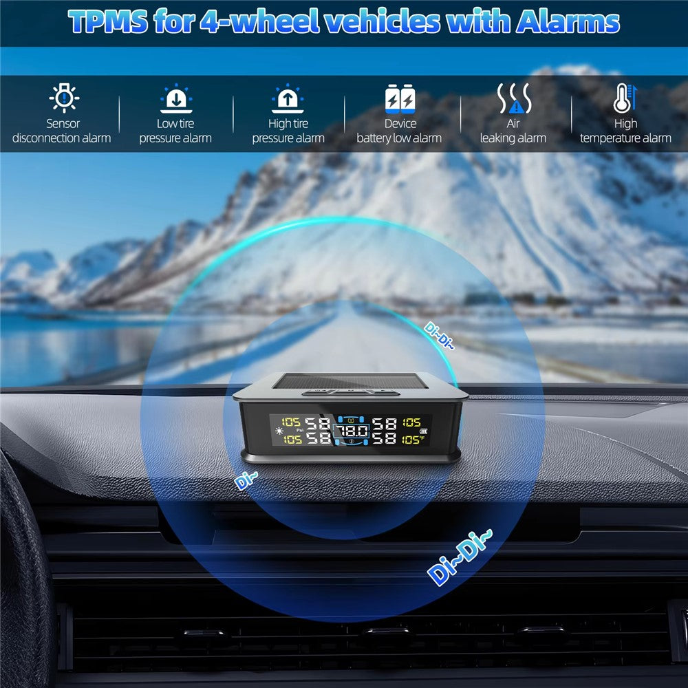 T15 Solar TPMS Car Tire Pressure Cabin Temperature Monitoring System with 4 External Sensors